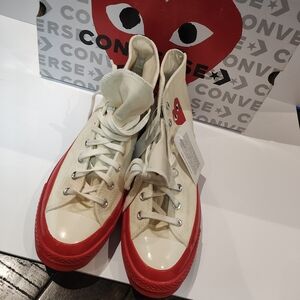 Comme des Garçons High-Top Sneakers in Off-White and Red